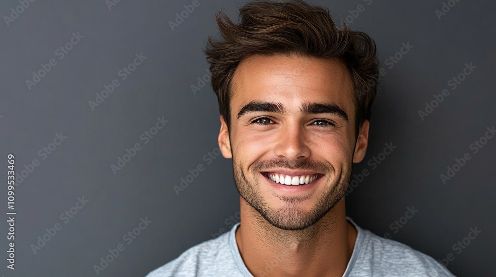 Fototapeta premium Portrait of smiling young man with perfect white teeth showing happiness and confidence
