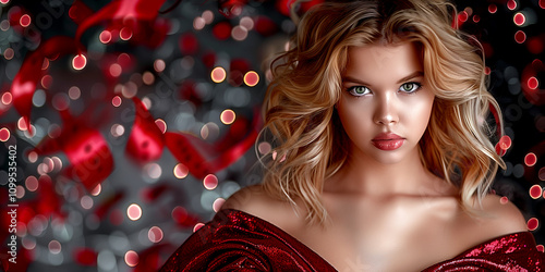 A woman in a red dress is the main focus of the image