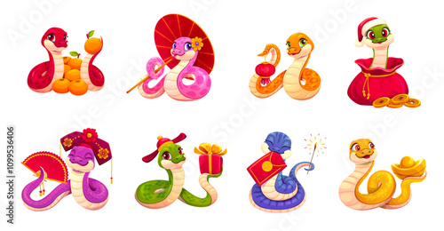 2025 Chinese lunar New Year cartoon snake characters for holiday, vector personages. Funny cartoon snakes with Asian umbrella, red lantern and gold sycee ingot for 2025 Chinese lunar New Year snakes