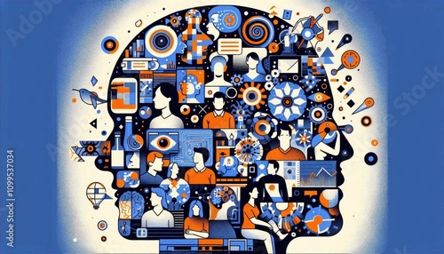 Abstract illustration of diverse individuals thinking and connecting creatively inside a human head silhouette, showcasing concepts of mental health, innovation, and collaborative thought processes.