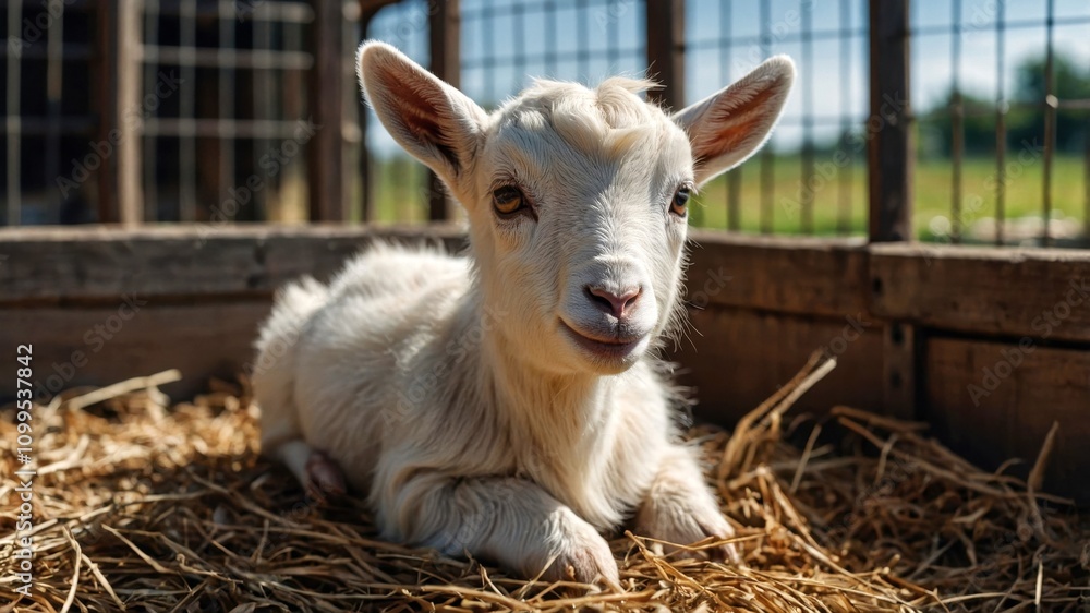 Obraz premium A baby goat is comfortably laying in the soft hay inside a cage