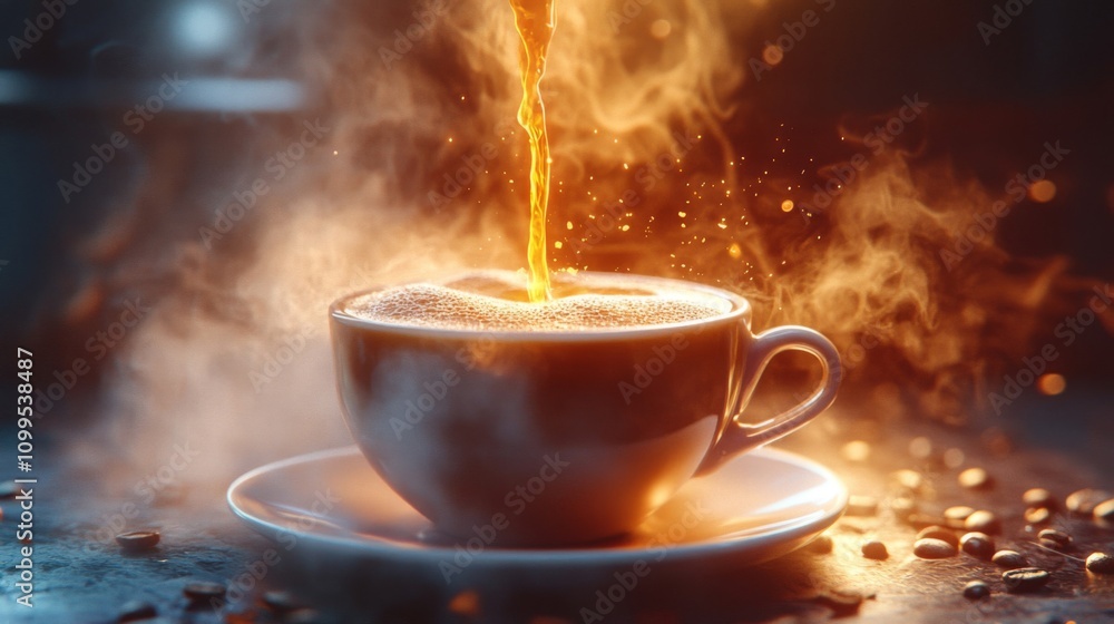 Fototapeta premium Steaming Coffee Pouring Into White Cup