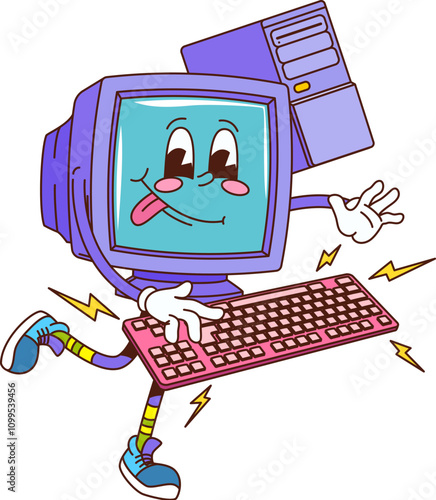 Retro groovy computer monitor character typing on keyboard. Cartoon vector vintage pc personage capturing nostalgic vibe of vintage electronics with blue screen, old school sneakers and quirky face