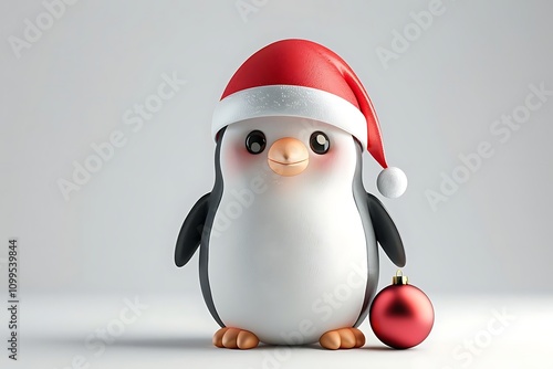 A cute penguin wearing a Santa hat, holding a red ornament, celebrating the holiday season. photo