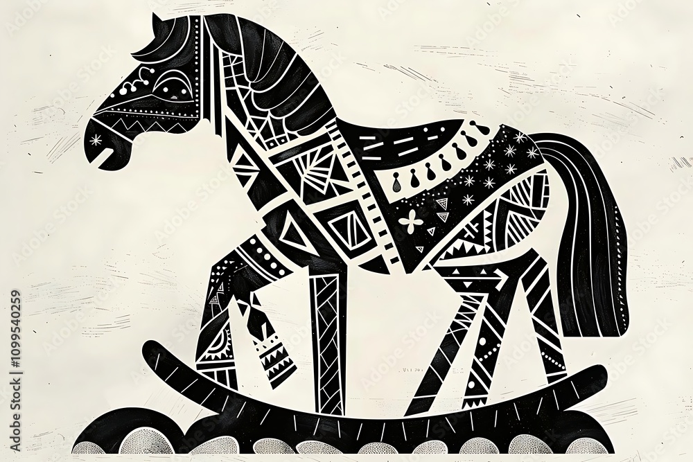 Fototapeta premium A stylized rocking horse featuring intricate black and white patterns.
