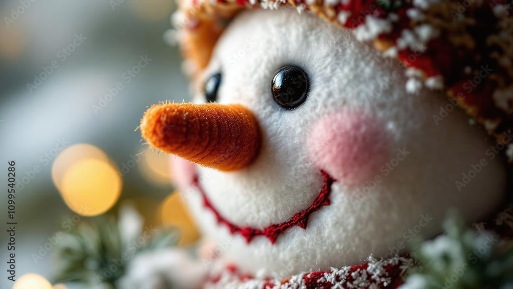 Obraz premium Snowman with a cheerful smile representing winter joy against a blurred festive background