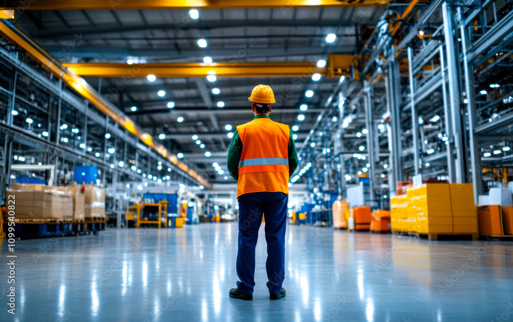 Obraz premium A worker in a safety vest and helmet stands in a spacious industrial warehouse, surrounded by shelves and boxes, emphasizing workplace safety and logistics.