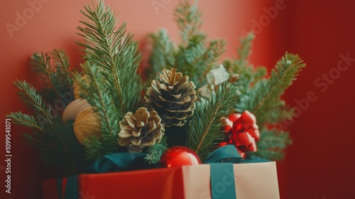 Festive Christmas Gift Decorated With Pine And Ornaments