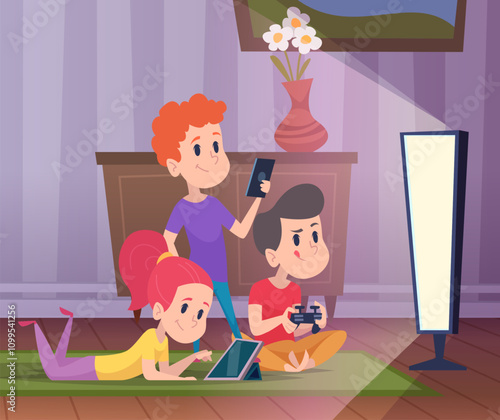 kids interior. children playing video games on gaming consoles. vector indoor cartoon background
