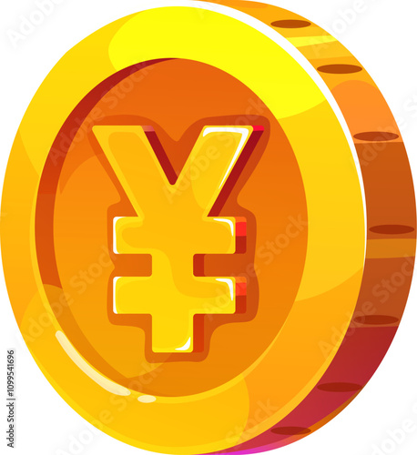 Cartoon golden yen coin game asset, vector icon features shiny, polished surface with a smooth, circular shape, engraved yen symbol in center and shimmering reflections, symbolizing wealth and fortune