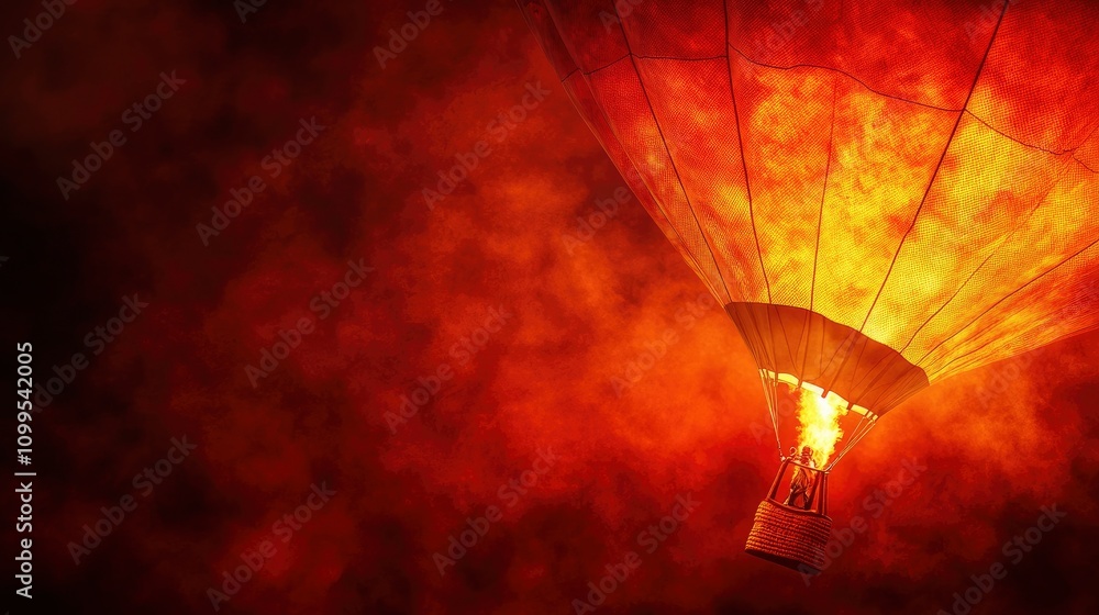Obraz premium A vibrant hot air balloon illuminated against a fiery, smoky background.