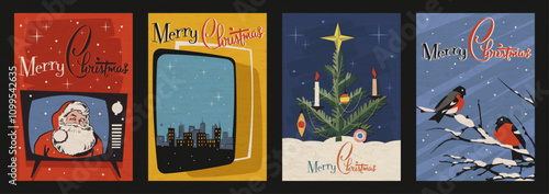 Merry Christmas and Happy New Year. Retro Christmas Postcard Style Illustrations. Vector Templates for Hoiday Party, Event. Bullfinches, Santa Claus, Christmas Tree