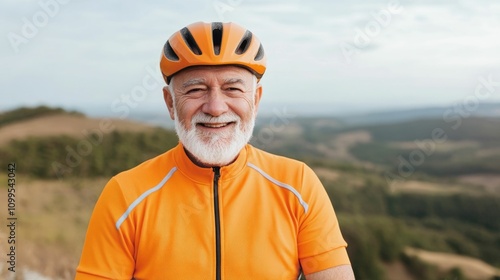 Smiling Elderly Cyclist Enjoying Scenic Outdoor Adventure on Winding Country Path in Nature Landscape  Active Senior Man Embracing Fitness and Healthy Lifestyle in Retirement photo