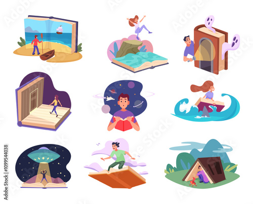 Books imagination. Readers dreaming fantasy characters from fairytale books exact vector beautiful mind worlds exploring