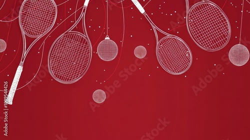 Minimalist Christmas Tennis Wallpaper - Elegant Christmas tennis racquets, ornaments, red background, winter sports, festive design. photo