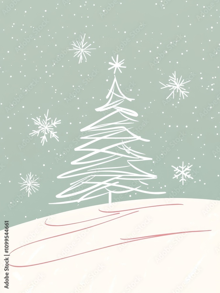 Obraz premium Minimalist Christmas Tree in Winter Wonderland - Simple Christmas scene, snowy landscape, single tree, falling snowflakes, serene winter. Symbolizing peace, simplicity, hope, joy, and the season.