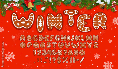 Christmas cookie font of Xmas biscuit type and gingerbread bakery typeface, vector alphabet letters, numbers and symbols. Gingerbread cookie font with snowflakes for Christmas or New Year holiday type