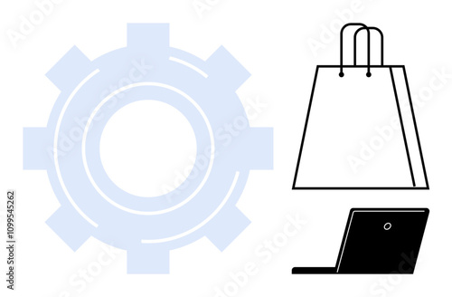 Gear represents technology, shopping bag symbolizes e-commerce, and laptop stands for connectivity. Ideal for business, technology, retail, e-commerce, shopping online services connectivity. Line