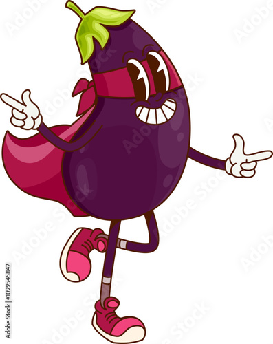 Groovy eggplant superhero vegetable cartoon character. Isolated vector funny veggie comics book vigilante donning cloak and mask. Fairytale healthy food, vitamin retro personage, fresh garden plant