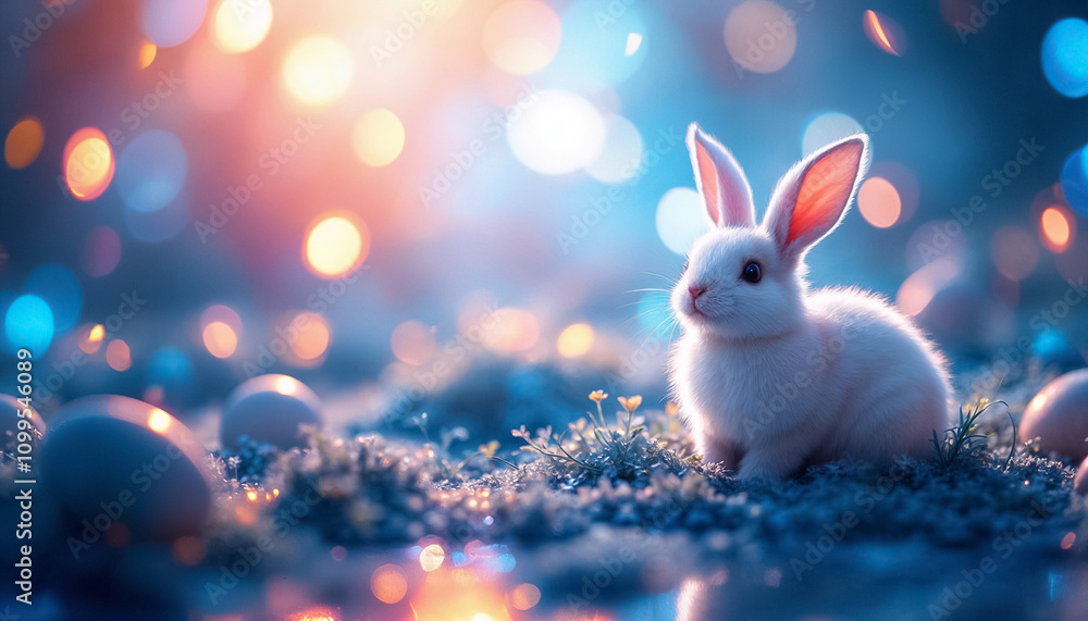 Obraz premium A fluffy white rabbit sits among shimmering eggs in a magical setting filled with soft, vibrant lights