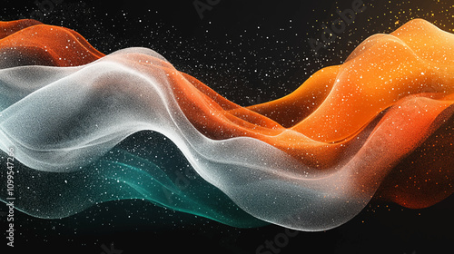 Vibrant orange teal white psychedelic grainy gradient color flow wave on black background, music cover dance party poster design with neon light and luxury gold particle vector illustration.