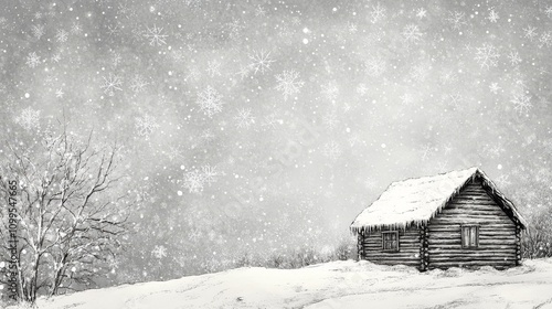 Vintage Christmas Cabin in a Snowstorm - Snowy winter scene, rustic log cabin, snowfall, peaceful, Christmas spirit.