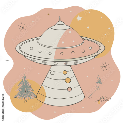 Cosmic Christmas Landing: Retro UFO illustration in soft pastel colors, landing near stylized Christmas trees in a whimsical space scene.  