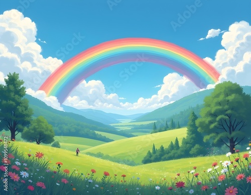 Sunny Countryside Path with a Vibrant Rainbow photo