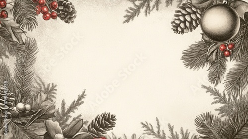 Vintage Christmas Engraving Illustration - Elegant sepia-toned Christmas border, featuring pine cones, holly, berries, and a vintage ornament.  Perfect for cards, invitations, and festive designs. photo