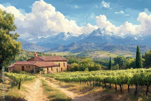 Wallpaper Mural Stone house, vineyard, mountains, sunny day. Torontodigital.ca