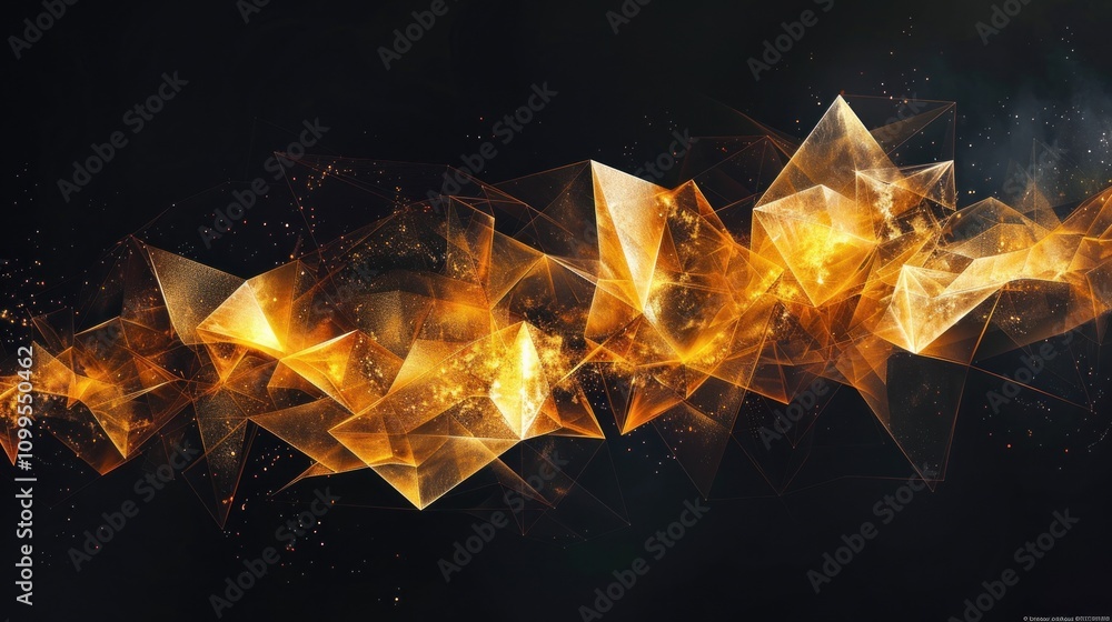 Obraz premium Abstract golden geometric shapes, fiery, glowing, dark background.