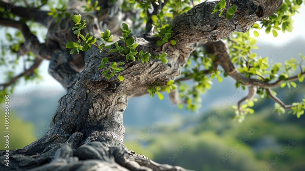 Fototapeta premium Close-up of a bonsai tree's textured bark and vibrant green leaves against a blurred natural background.