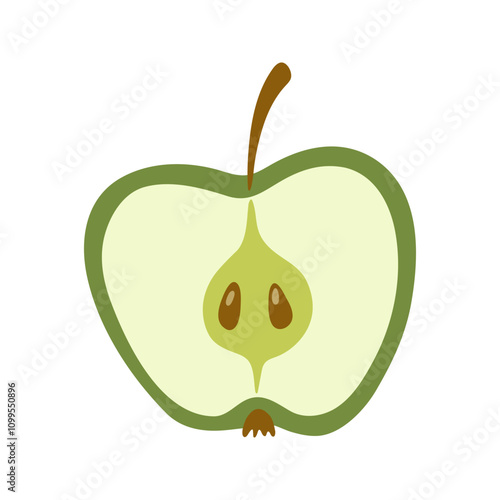 Summer juicy halved green apple with stem and seeds. Hand drawn cartoon fruit illustration.