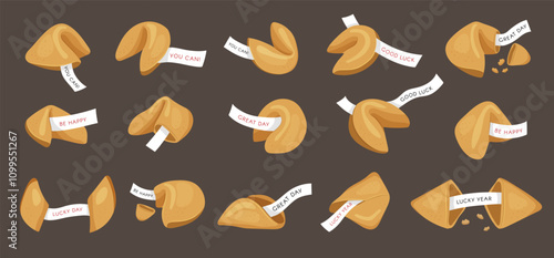 Lucky biscuits. Chinese fortune delicious cookies crackers snacks with piece of papers with happy wishes recent vector flat set illustrations
