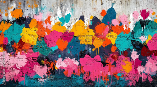 A vibrant, seamless pattern of colorful graffiti art layered on a weathered concrete wall, showcasing urban street art