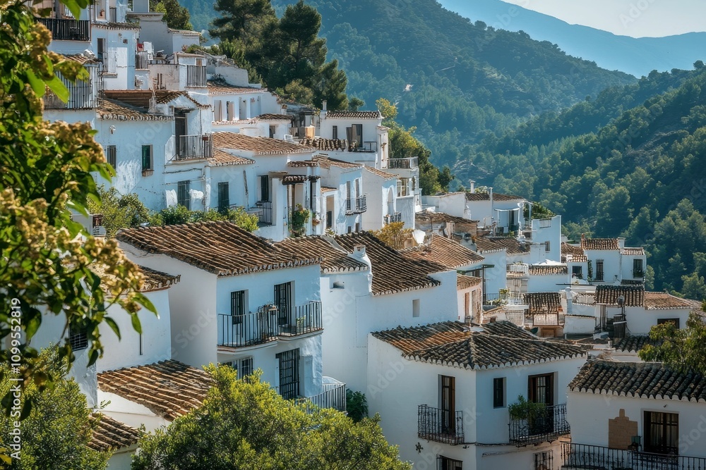 Fototapeta premium Whitewashed hillside village, terracotta roofs, green hills.