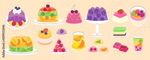 Jellies candy. Different dessert from fruits juicy food and puddings recent vector jelly cakes