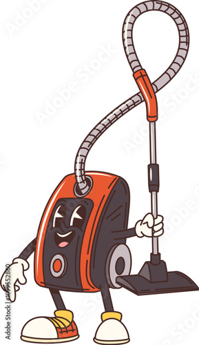 Cartoon vacuum cleaner groovy cleaning and household appliance character with a smiling face, holding its hose and wears sneakers. Isolated vector funky and playful retro electronic tool personage