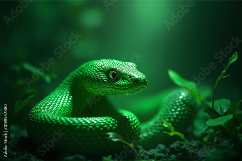 Green tree snake symbol of 2025 in the jungle near the water