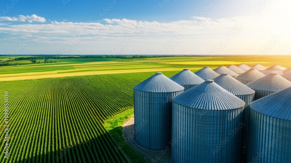 Fototapeta premium Aerial view of large modern grain silos lined up in a vast agricultural landscape, grain storage. 