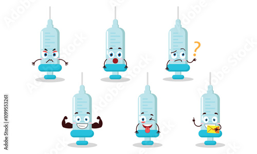 funny syringe cartoon with different expressions character design illustration