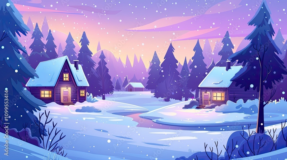 Fototapeta premium A cartoon of a snowy landscape with cozy cottages nestled in the woods