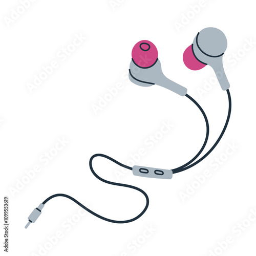 Hand drawn illustration of wired earbuds. Audio equipment