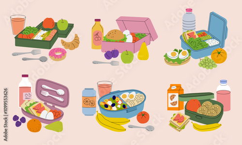 Lunchbox. Healthy products for fast snacking containers with food fruits and sandwiches recent vector stylized illustrations