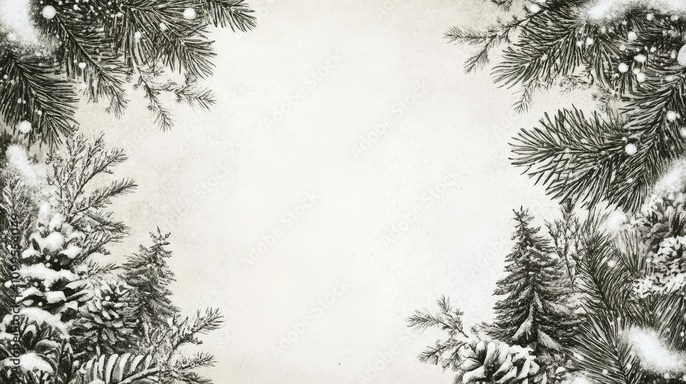 Obraz premium Vintage Christmas Winter Border Illustration - Minimalist vintage Christmas illustration featuring snowy pine branches, winter wonderland, holiday season, festive background, greeting card design.