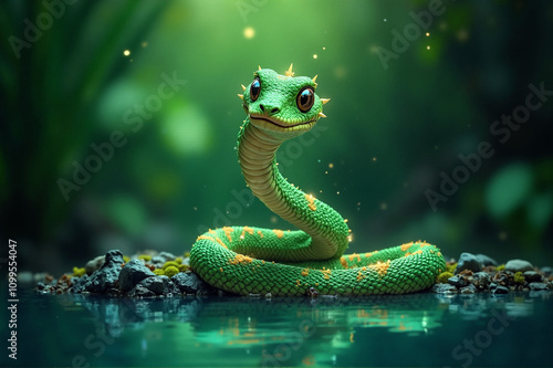 Green tree snake symbol of 2025 in the jungle near the water