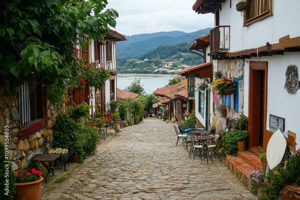 Obraz premium Cobblestone street, colorful houses, seaside view.