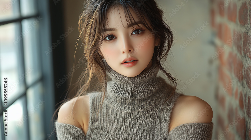 Fototapeta premium 美女, 女性, 美しい, 顔, モデル, 日本, 韓国, 中国, アジア, カフェ, ファッション