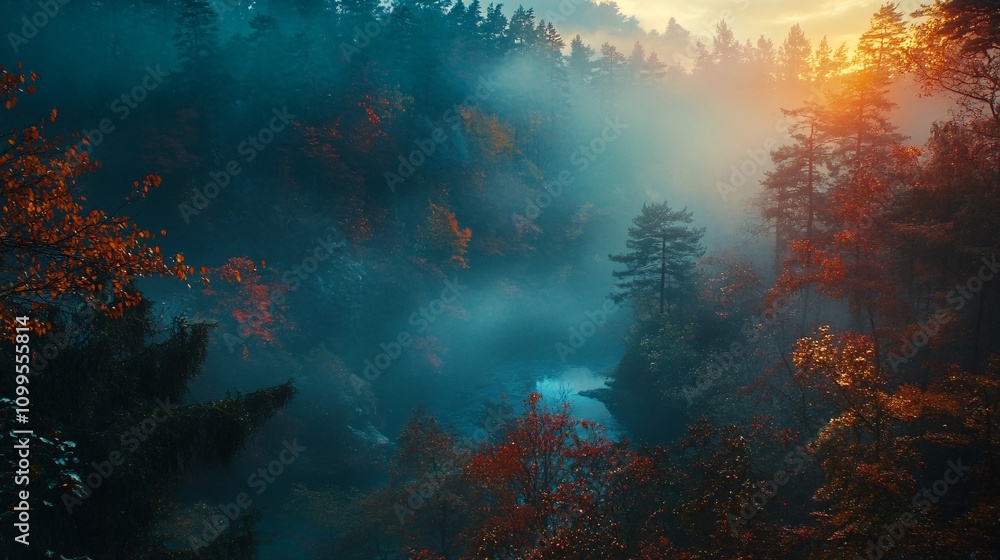 Obraz premium Fog is covering colorful autumn trees in a canyon at sunset