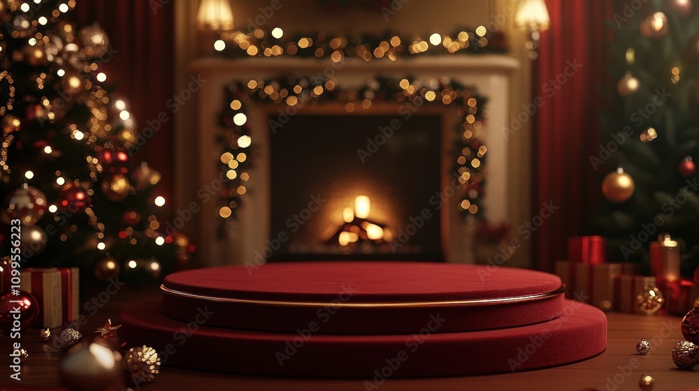 Festive Christmas Setting With Red Display Platform Festive Christmas Setting With Red Display Platform